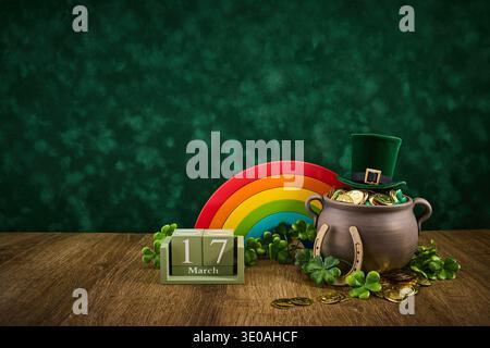 Festa di San Patrizio con vaso d'oro e cappello di leprechaun Foto Stock