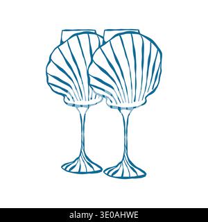 Illustrazione di un paio di bicchieri da vino a forma di conchiglia. Clipart in stile vintage in blu. Illustrazione vettoriale per matrimoni, compleanni e feste a tema nautico. Scogliera costiera Illustrazione Vettoriale