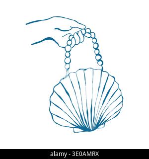 Delinea l'illustrazione di una mano che tiene una borsa in stile vintage a forma di conchiglia con perle. Scogliera costiera in stile retrò in blu. Illustrazione vettoriale per matrimoni costieri, compleanni e feste a tema nautico. Illustrazione Vettoriale