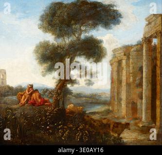 Questo dipinto ad olio del XVII secolo, un'imitazione dello stile di Claude Lorrain del 1600, raffigura un tranquillo paesaggio classico con figure mitologiche. Mercurio, travestito da pastore, suona il suo flauto per far addormentare il gigante dagli occhi Argus, sorvegliato da bestiame al pascolo vicino alle antiche rovine romane. Foto Stock