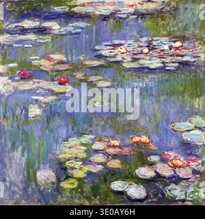 Questo impressionista dipinto ad olio, 'Gigli d'acqua' di Claude Monet, del 1916, raffigura una vista vibrante e astratta di gigli e fiori galleggianti su uno stagno. La superficie risplende di riflessi di luce e fogliame circostante, con le sue ampie pennellate e la dinamica tavolozza di blu, verdi e rosa di Monet. Foto Stock