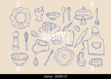 Set di schizzi di utensili da cucina. Stoviglie stravaganti Illustrazione Vettoriale
