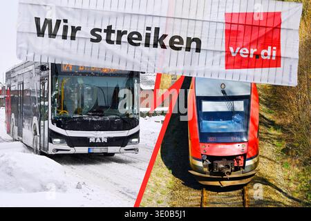 Striscione Ver.di con l'iscrizione Wir streiken vor Bus und Bahn, sciopero dei trasporti pubblici, fotomontaggio Foto Stock