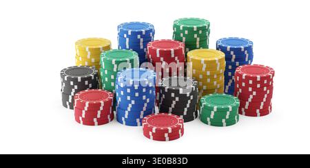Pile multiple di gettoni o gettoni da poker rossi, blu, gialli e verdi su sfondo bianco, illustrazione 3D. Foto Stock