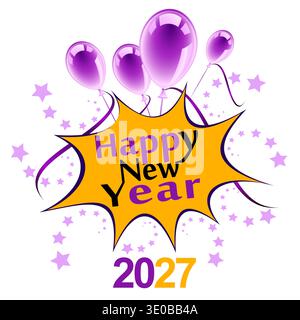 Buon anno nuovo 2027 biglietto di auguri viola, illustrazione vettoriale Illustrazione Vettoriale