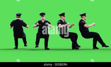 Poliziotto che guida un'auto. Isolamento schermo verde. rendering 3d. Foto Stock
