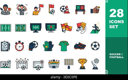 Set di icone vettoriali con elementi da calcio e calcio Illustrazione Vettoriale