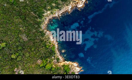 Vista aerea dall'alto verso il basso della costa rocciosa di Platanitsi sulla penisola di Sithonia in Calcidica, Grecia. La fitta foresta mediterranea incontra il crys Foto Stock