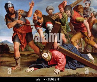 Domenico Zampieri, noto come Domenichino, raffigura "la via del Calvario" in questo drammatico dipinto ad olio barocco del 1610 L'opera ritrae Gesù Cristo che cade sotto il peso della croce, circondato da tormentatori e soldati, trasmettendo intense sofferenze e lotte umane sul suo cammino verso la crocifissione. Foto Stock