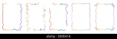 Set di cornici rainbow sfumate retrò con bordi smerlati e ondulati disegnati a mano. Vivaci cornici multicolore per biglietti d'auguri, menu, etichette regalo Illustrazione Vettoriale