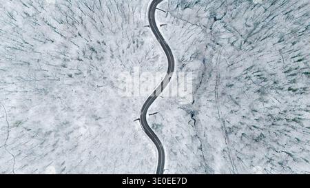 Vista aerea di una strada tortuosa serpente attraverso una foresta piena di neve, un netto contrasto di asfalto scuro con il paesaggio bianco incontaminato, Rakovac, Vojv Foto Stock