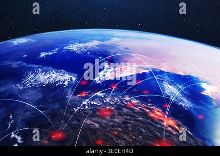 concetto di tensione geopolitica globale. Conflitto in Medio Oriente sul commercio globale e la sicurezza. Attacco missilistico. Terra che mostra zone di conflitto rosse in Foto Stock