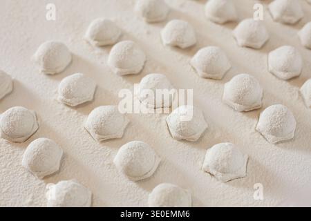 Gnocchi crudi fatti in casa sul tavolo ricoperti di farina Foto Stock