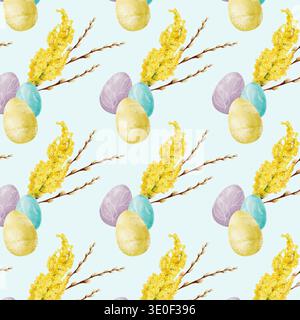 Motivo senza cuciture di acquerello pasquale. Uova di Pasqua, salice e mimosa. Bel disegno a mano per il design e l'arredamento. Carta da imballaggio, tessuto. Foto Stock