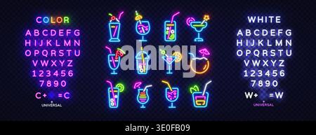 Set di icone cocktail al neon con alfabeti e numeri colorati. Simboli luminosi delle bevande in stile luminoso su sfondo trasparente. Ideale per menu bar Illustrazione Vettoriale