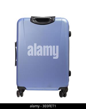 Vista posteriore valigia. Carrello con custodia rigida blu e viola con quattro ruote e guscio in policarbonato, isolato su bianco. Outfit da viaggio moderni da portare con te, tran Foto Stock