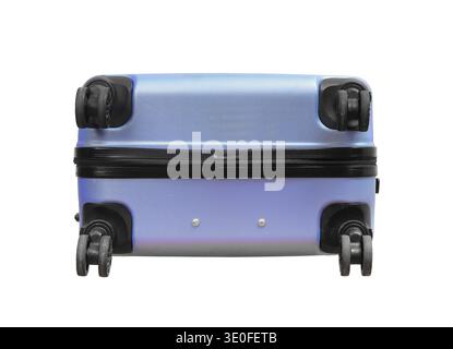 Vista dal basso della valigia. Valigia rigida a quattro ruote blu e viola con guscio in plastica e base a rullo, isolata sul bianco. Moderno contenitore da viaggio per Foto Stock