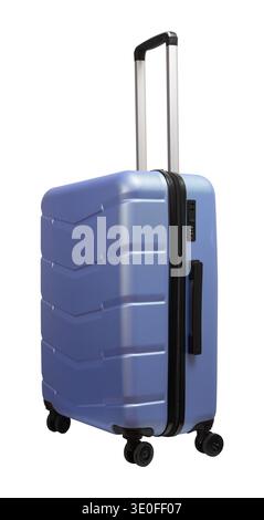 Vista laterale valigia. Carrello a quattro ruote girevole con manico telescopico, inclinazione inclinata in prospettiva ravvicinata, custodia rigida blu e viola per trav Foto Stock