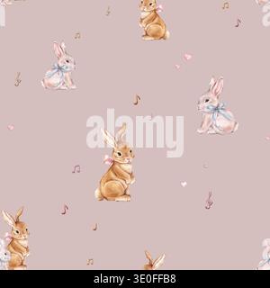Motivo acquerello senza cuciture con simpatico coniglietto rosa bianco con fiocco e note musicali. Ripetere il motivo color pastello con coniglio rosso. Tenera mano di acquerello Foto Stock