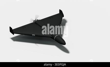 Drone militare con design Delta Wing su sfondo nero - rendering 3D su sfondo grigio chiaro Foto Stock