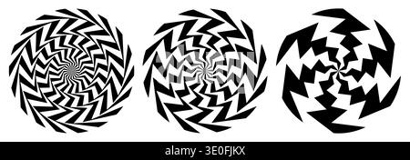 Set vettoriale bianco e nero con vortice a spirale psichedelico. Illustrazione Vettoriale