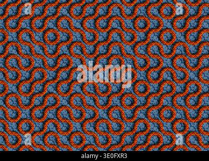 Rendering 3D di una superficie in tessuto ornamentale con forme ad anello ricurve ripetute in calde tonalità arancione e rosso con piccoli motivi decorativi. Il fl Foto Stock