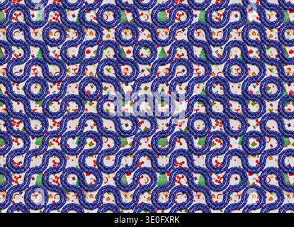 Rendering 3D di una superficie ornamentale con linee intrecciate blu che formano connessioni geometriche circolari e curve ripetute. Il decorativo Foto Stock