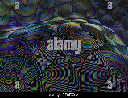 Rendering 3D di una superficie decorativa astratta composta da linee di plastica colorate e lisce disposte in curve fluide e onde circolari concentriche. Foto Stock