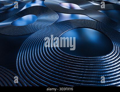 Rendering 3D di una superficie nanostrutturata astratta composta da bande curve stratificate che formano forme geometriche circolari e fluide. Foto Stock