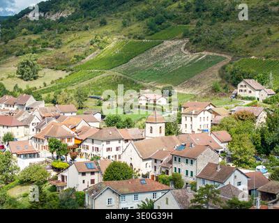 Case di pietra tradizionali e un campanile si raggruppano nel villaggio di Montagnieu sotto i vigneti terrazzati delle colline nel Bugey della Francia orientale Foto Stock