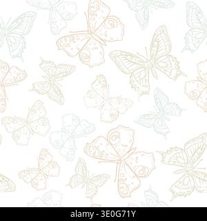 Le farfalle delineano il vettore disegnato a mano con motivi senza cuciture tonalità morbide. Sfondo decorativo di illustrazioni di insetti in colori pastello. Ripetizione grafica Illustrazione Vettoriale