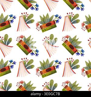 Motivo senza cuciture con libri decorati con fiori e foglie verdi, disegnati a mano in acquerello. Foto Stock