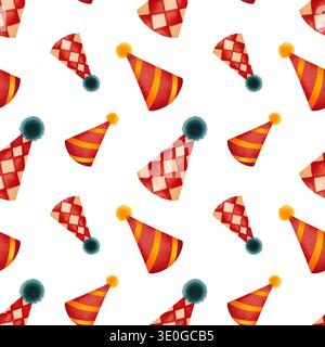 Motivo senza cuciture con elementi di scena da circo. Illustrazione per bambini con cappelli da clown colorati, disegnati a mano in acquerello. Foto Stock