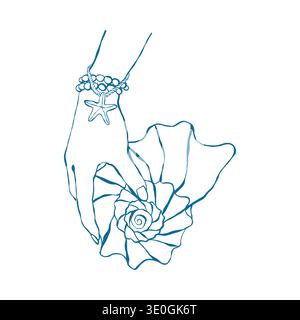 Illustrazione di una mano di una donna con braccialetti di perle che reggono una grande conchiglia. La clip art presenta uno stile retrò costiero ed è di colore blu. Illustrazione vettoriale per matrimoni, compleanni e feste a tema nautico. Illustrazione Vettoriale