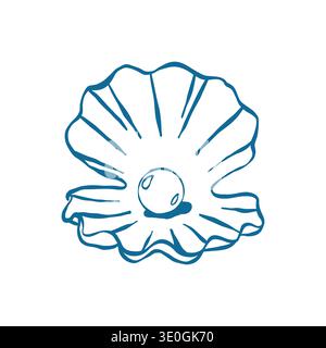 Perla nel guscio dell'ostrica, illustrazione vettoriale in stile doodle. Conchiglia rotonda di colore blu. Aprire lo shell Illustrazione Vettoriale
