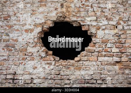 (Montaggio fotografico) Vecchia parete in mattoni, con un foro al centro contenente il testo BRANDMAUER (firewall) Foto Stock