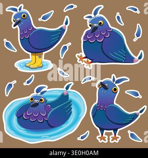 Quattro divertenti adesivi raffiguranti un uccello blu che indossa vari accessori, tra cui stivali di gomma e occhiali da sole Illustrazione Vettoriale