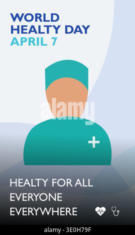 Questo banner verticale celebra la giornata Mondiale della salute con un'illustrazione piatta pulita di un professionista medico. Icone minimaliste e tipografia blu audace Illustrazione Vettoriale
