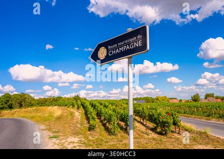 Cartello della strada turistica Champagne vicino a Reims Francia Foto Stock