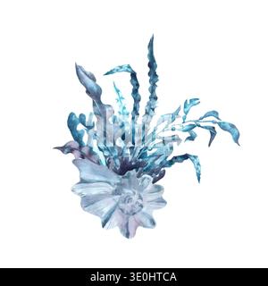 Una composizione marina di alghe blu e grigie in una conchiglia grigio-argentata, dipinta a mano in acquerello su uno sfondo isolato. Clip art semplice di sottotesta Foto Stock