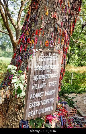 I braccialetti sono appesi all'albero del massacro al Choeung Ek genocidal Center in Cambogia. Questo memoriale ricorda i bambini vittime di violenza. Foto Stock