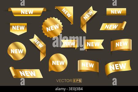 Set di NUOVE etichette e tag dorati lucidi in varie forme. Perfetto per lanci di prodotti, promozioni e annunci. Illustrazione vettoriale. Illustrazione Vettoriale
