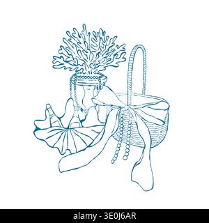 Illustrazione di un picnic per le vacanze costiere. Festa in spiaggia. Cestino, guscio con una bottiglia di vino, vaso con corallo e perle. Clip art con contorno vettoriale per matrimoni e feste a tema muschio Illustrazione Vettoriale