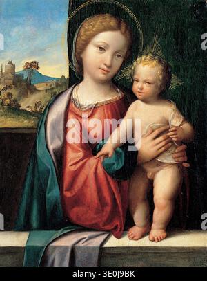Questo dipinto rinascimentale ad olio di benvenuto Tisi da Garofalo, realizzato all'inizio del XVI secolo, raffigura la Madonna con il bambino. Maria, adornata da un alone dorato, regge delicatamente il bambino Gesù, che presenta anche un sottile alone, su uno sfondo sereno. L'opera mostra il tenero legame tra madre e bambino all'interno di una composizione classica. Foto Stock