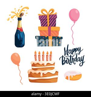 Festa di compleanno con torta, palloncini, regali e champagne. Illustrazione piatta vettoriale delle feste con elementi da festa e buon compleanno Illustrazione Vettoriale