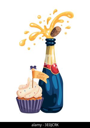 Festa di compleanno con splash di champagne e cupcake. Illustrazione vettoriale piatta colorata isolata su sfondo chiaro Illustrazione Vettoriale