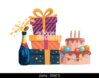 Illustrazione festiva del compleanno con confezioni regalo, torta e champagne. Colorato design vettoriale per feste con regali avvolti e torta Illustrazione Vettoriale
