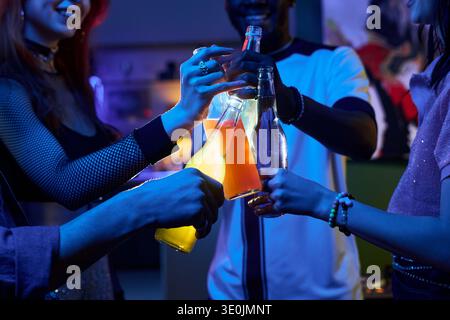 Gruppo multietnico di giovani che brindano bottiglie durante la festa serale Foto Stock