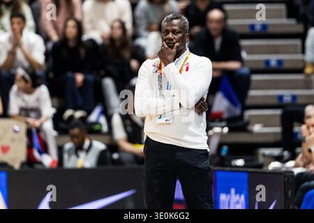 LIONE-VILLEURBANNE, FRANCIA - 12 MARZO: Jean Aime Toupane (capo allenatore Francia) durante la partita di qualificazione ai Mondiali di calcio femminile FIBA tra Colombia (col) e Francia (fra) ad Astroballe il giorno 2 del Torneo di qualificazione ai Mondiali femminili FIBA il 12 marzo 2026 a Lione-Villeurbanne, Francia. Foto Stock