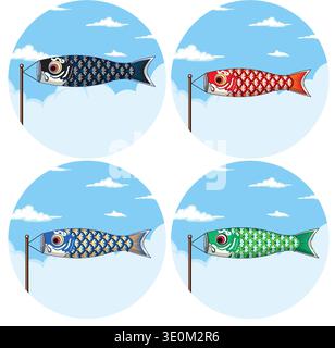 Quattro vivaci rastrelli koinobori su pali, composizione circolare, stile vettoriale piatto, colori brillanti Illustrazione Vettoriale